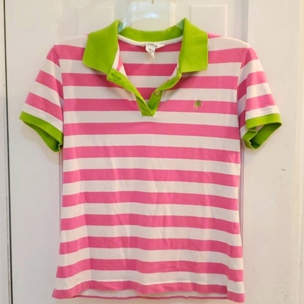 Lilly Pulitzer Pink and Green Striped Polo